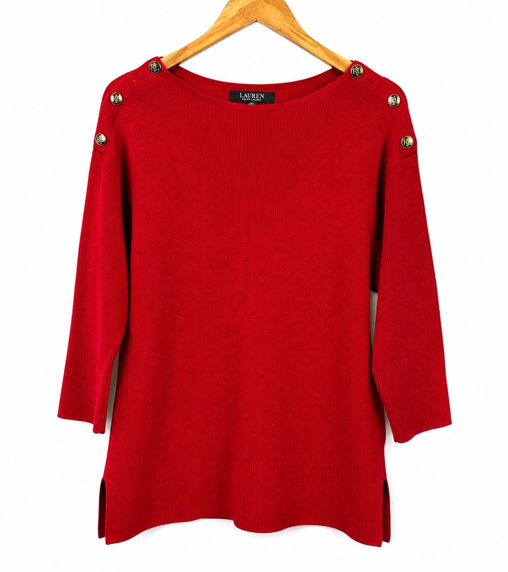 Lauren Ralph Lauren Ribbed Sweater Red Boat Neck Button Shoulder Women's Large - Picture 1 of 10